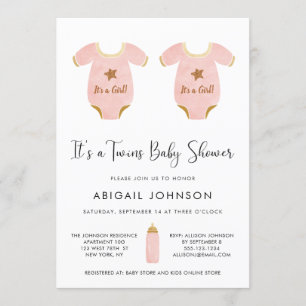 Invitation Twin Girls Rose or Aquarelle Baby shower rétro
