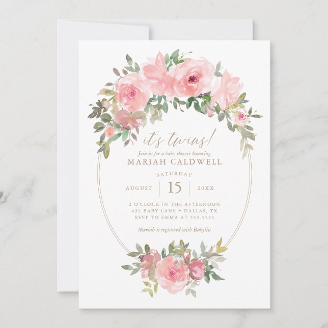Invitation Twin Girls Rose or Baby shower de verdure Floral (Devant)