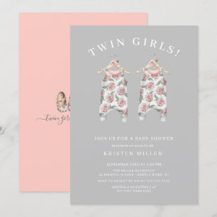 Invitation Twin Girls Rose Romper Baby shower