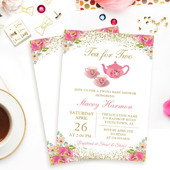 Invitation Twin Girls Tea Party Baby shower rose or floral (Créateur téléchargé)