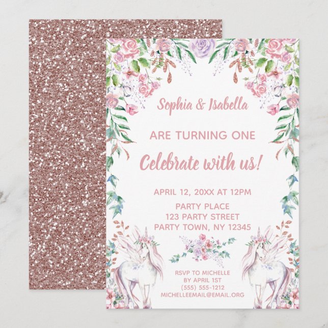 Invitation Twin Girls Unicorn Parties scintillant premier ann (Devant / Derrière)