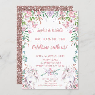 Invitation Twin Girls Unicorn Parties scintillant premier ann