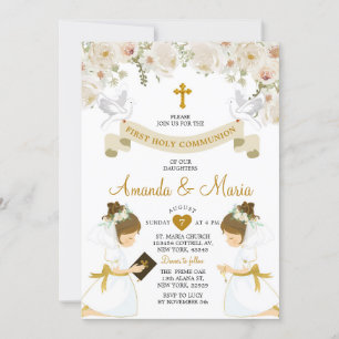 Invitation Twin Girls White Floral Gold First Holy Communion