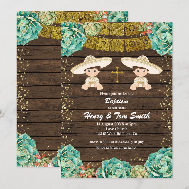 Invitation Twin Gold Parties scintillant Fiesta Boy Baptism C (Devant / Derrière)