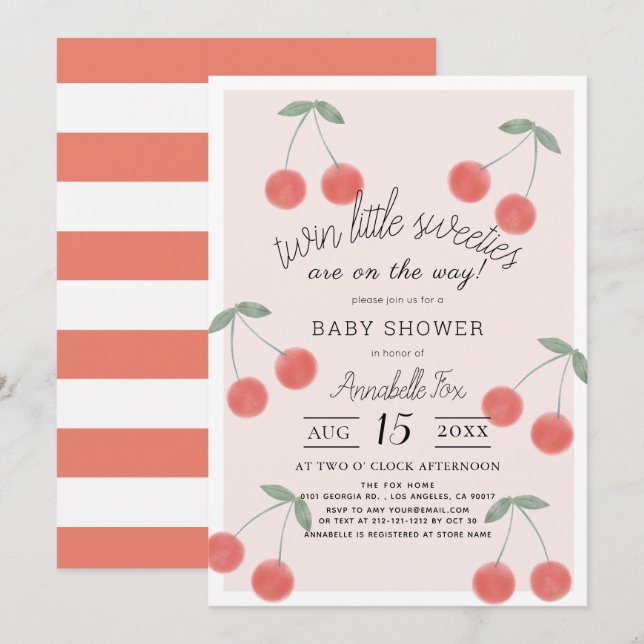 Invitation Twin Little Sweeties Cherries Baby shower rose (Devant / Derrière)