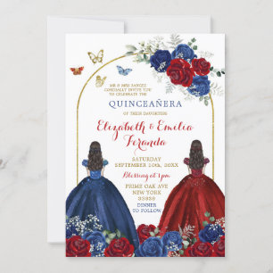 Invitation Twin Marine Blue Rose Princesses Quinceañera