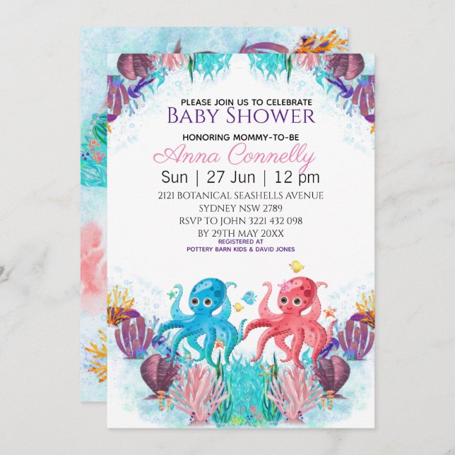 Invitation Twin Ocean Mer Colorful Boy Baby shower Octopus (Devant / Derrière)