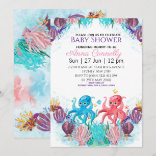 Invitation Twin Ocean Mer Colorful Boy Baby shower Octopus