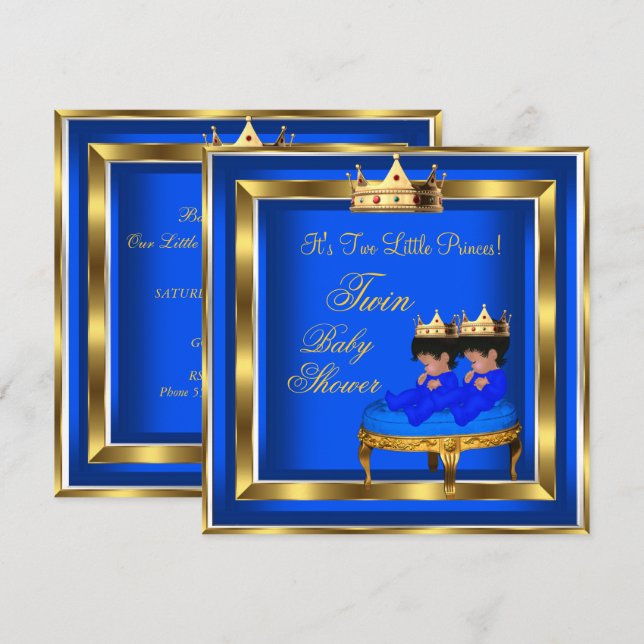 Invitation Twin Prince Baby shower Royal Blue Gold Boy Crown (Devant / Derrière)