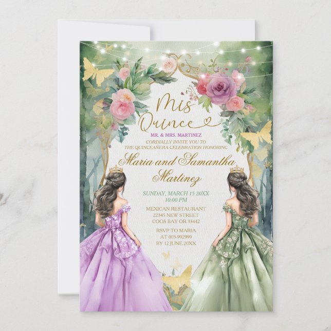 Invitation Twin Purple et Green Royal Princess Mis Quince (Devant)