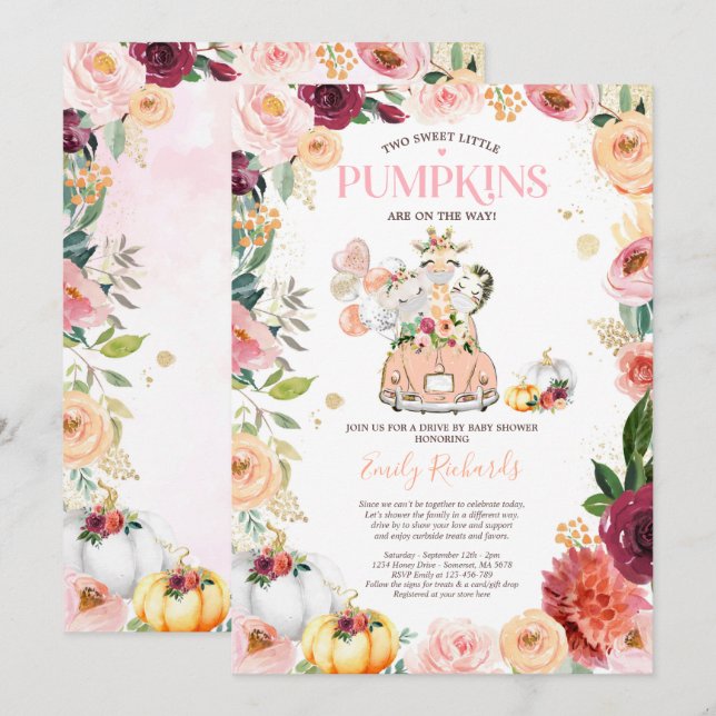 Invitation Twin Safari Animaux Citrouille Drive Par Baby show (Devant / Derrière)