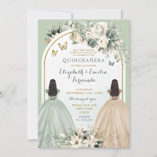 Invitation Twin Sage Green et ivoire Quinceañera Princesses (Devant)