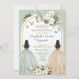 Invitation Twin Sage Green et ivoire Quinceañera Princesses