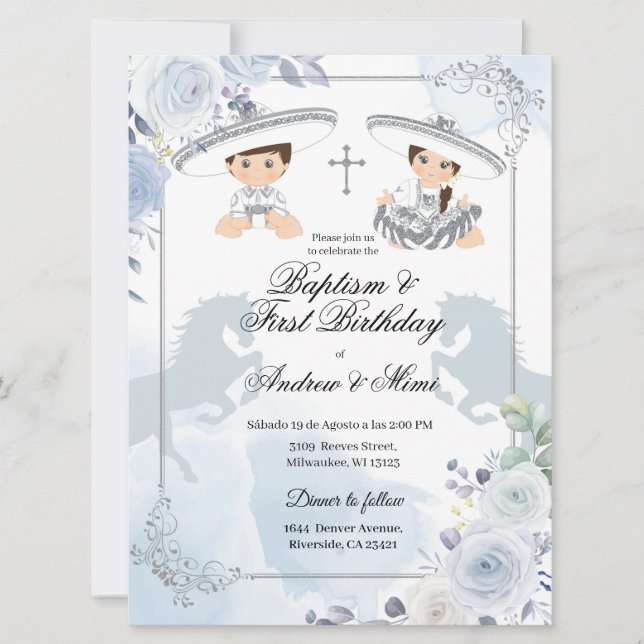 Invitation Twin Silver Baptême et Anniversaire Mexicain (Devant)