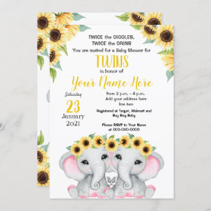 Invitation TWIN Sunflower Girls Eléphant Jaune Douche rose