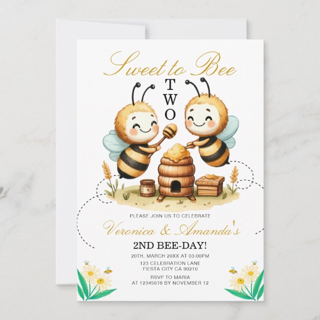 Invitation Twin Sweet to Bee Deux fête d'anniversaire 2 (Devant)