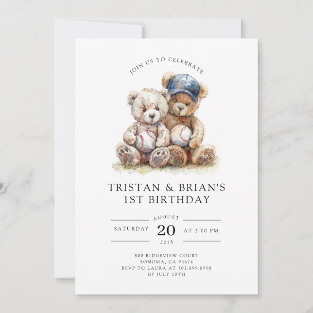 Invitation Twin Teddy Bear Watercolor Boy's 1st Birthday  (Devant)