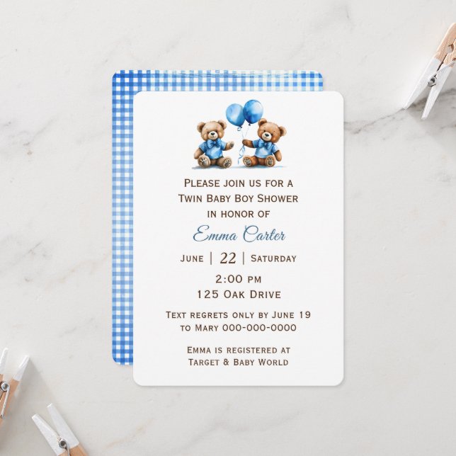 Invitation Twin Teddy Bear with Balloons (Devant/Arrière en situation)