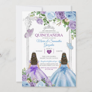 Invitation Twin Violet Et Bleu Papillon Argent Quinceañera
