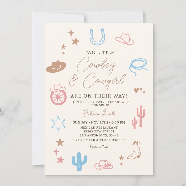 Invitation Twin Western Cowgirl and Cowboy Modern Baby Shower (Devant)