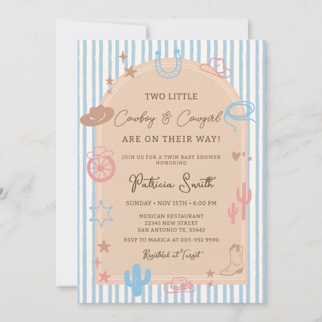 Invitation Twin Western Cowgirl and Cowboy Stripe Baby Shower (Devant)