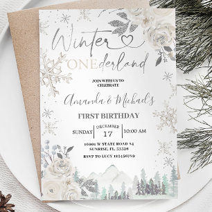 Invitation Twin Winter Onederland Snowflake Blanc Anniversair