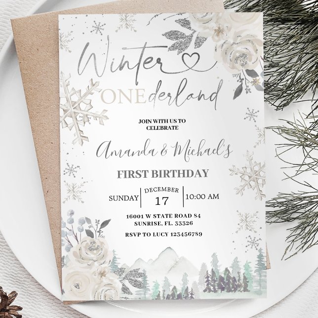 Invitation Twin Winter Onederland Snowflake Blanc Anniversair (Créateur téléchargé)