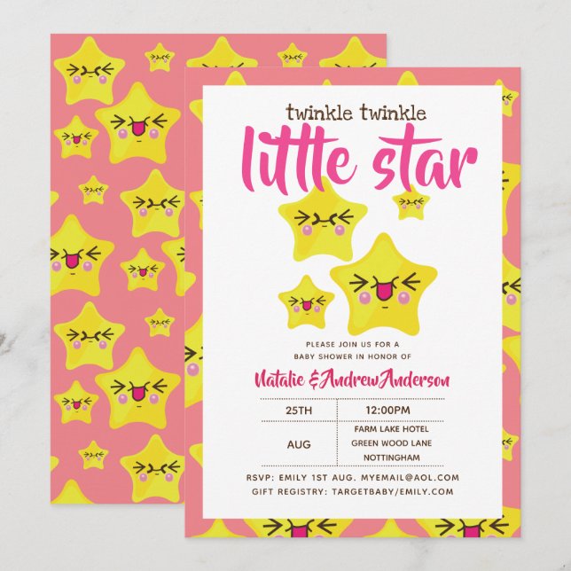Invitation Twinké Little Star Douche rose Jaune moderne migno (Devant / Derrière)