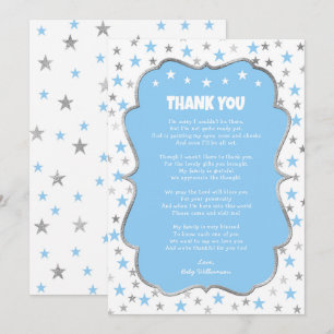 Invitation Twinkle argent étoiles bébé bleu garçon merci note