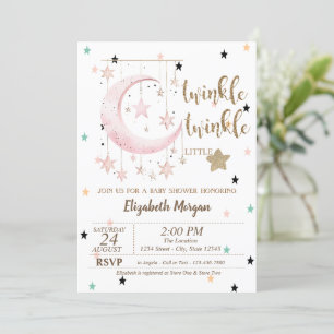 Invitation Twinkle, Baby shower Lune aux étoiles roses