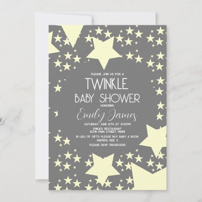 Invitation Twinkle Baby shower Yellow Stars Grey Arrière - pl (Devant)