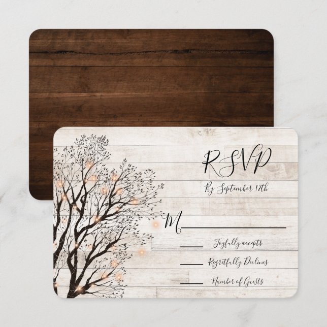 Invitation Twinkle Lights Tree Rustic Wood Wedding RSVP (Devant / Derrière)