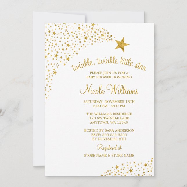 Invitation Twinkle Little Shooting Star Faux Gold Baby shower (Devant)