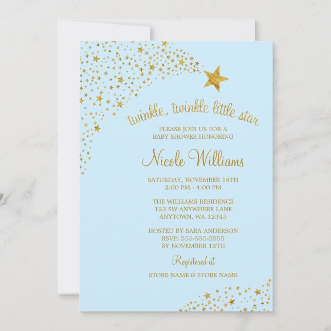 Invitation Twinkle Little Shooting Star Gold Baby shower bleu (Devant)
