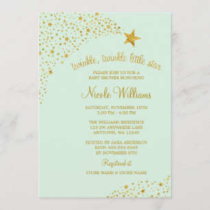 Invitation Twinkle Little Shooting Star Gold Mint Baby shower