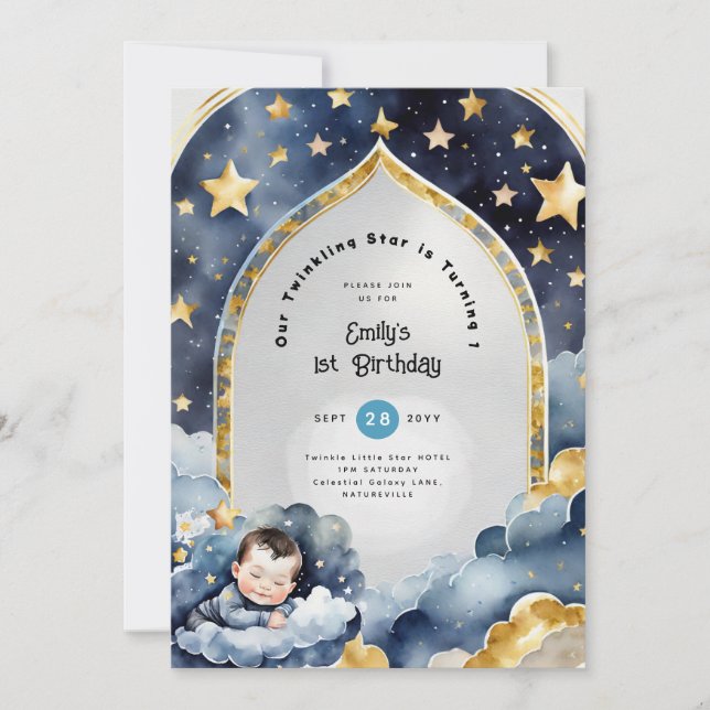 Invitation Twinkle Little Star 1er anniversaire, BABY SHOWER  (Devant)