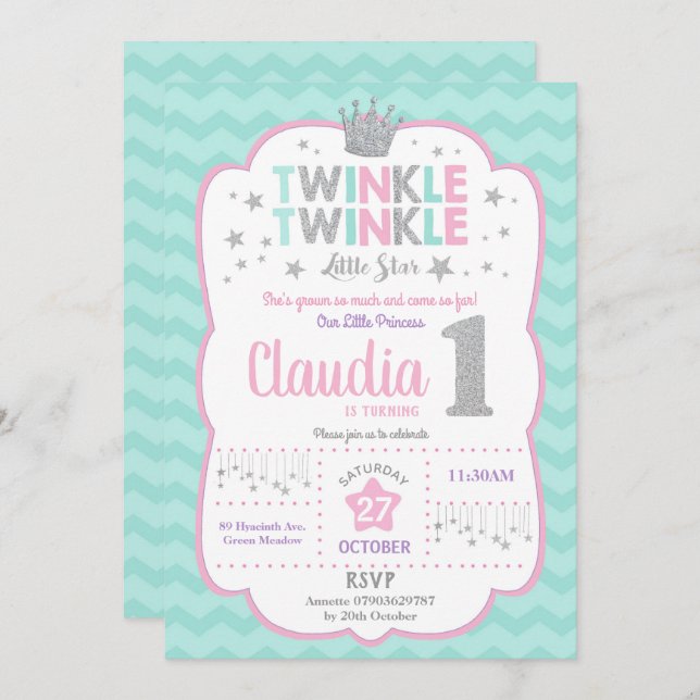 Invitation Twinkle Little Star 1er Anniversaire Princesse (Devant / Derrière)