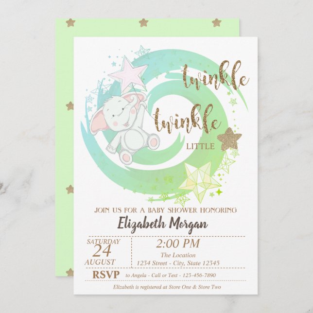 Invitation Twinkle Little Star, Baby Bear Baby shower vert (Devant / Derrière)