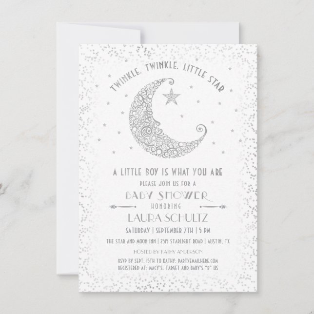 Invitation Twinkle Little Star Baby shower Argent (Devant)