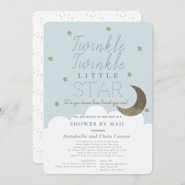 Invitation Twinkle Little Star Baby shower bleu par courrier (Devant / Derrière)