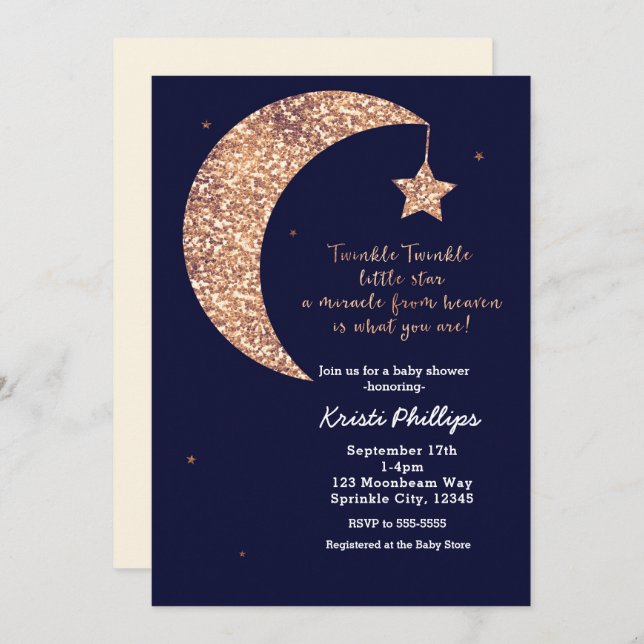 Invitation Twinkle Little Star Baby shower en bronze bleu lun (Devant / Derrière)