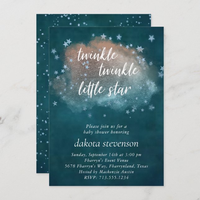 Invitation Twinkle Little Star | Baby shower en cuivre bleu T (Devant / Derrière)