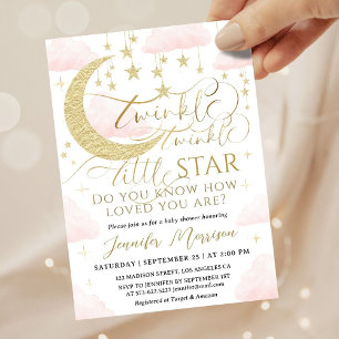Invitation Twinkle Little Star Baby Shower Fille Rose Or