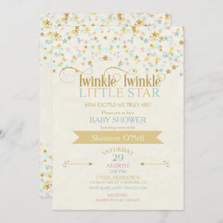 Invitation Twinkle Little Star Baby shower Gold Aqua