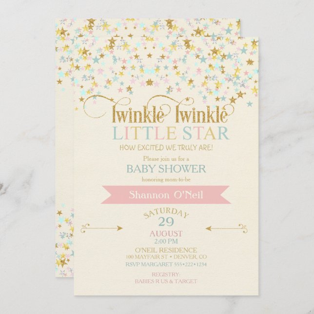 Invitation Twinkle Little Star Baby shower Gold Aqua rose (Devant / Derrière)