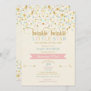 Invitation Twinkle Little Star Baby shower Gold Aqua rose