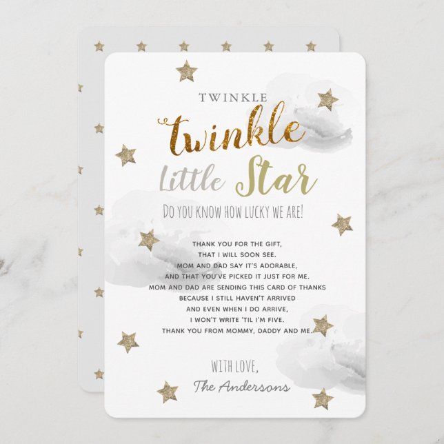 Invitation Twinkle Little Star Baby shower gris Merci (Devant / Derrière)
