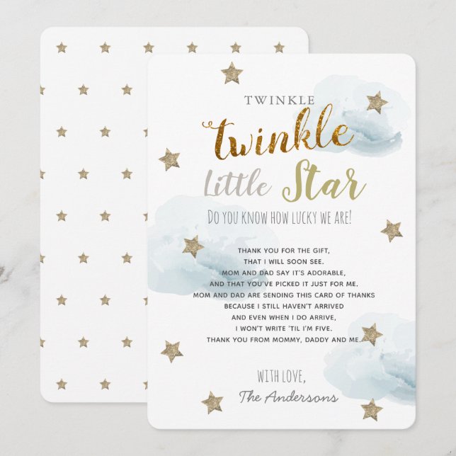 Invitation Twinkle Little Star Baby shower Merci bleu (Devant / Derrière)