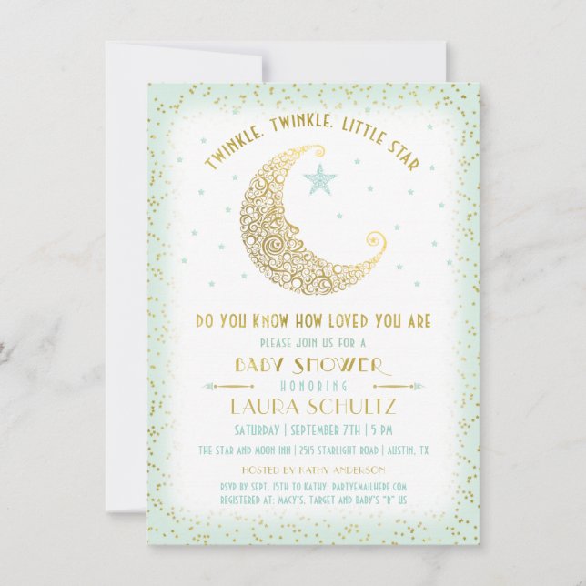 Invitation Twinkle Little Star Baby shower Mint Gold (Devant)