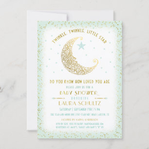 Invitation Twinkle Little Star Baby shower Mint Gold